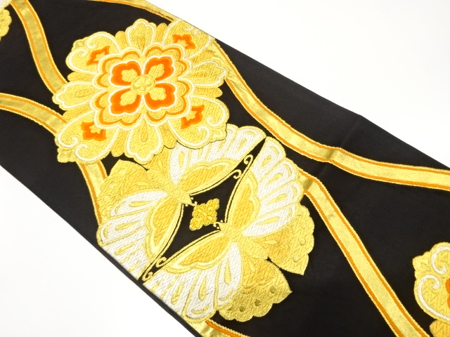 JAPANESE KIMONO / ANTIQUE FUKURO OBI / SILK / WOVEN FLORAL CREST